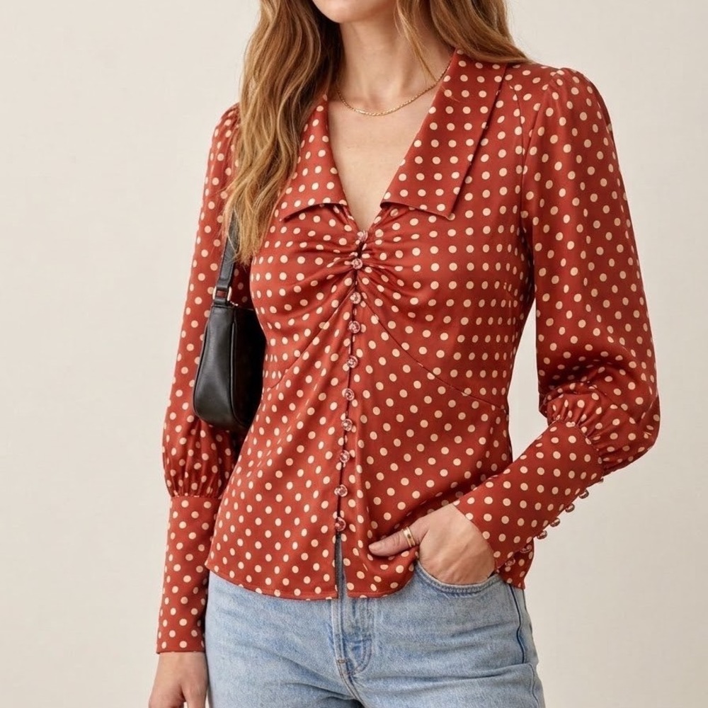 James Coviello Polka Dot Blouse Women 2 Rust Silk Button Ruched Vintage Top